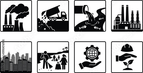 Eight icons representing environmental issues and sustainability efforts Vector
