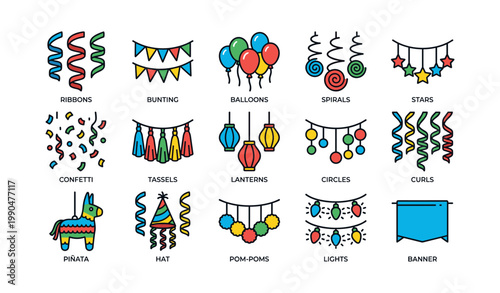 Party decoration icons showing ornaments and garlands on white