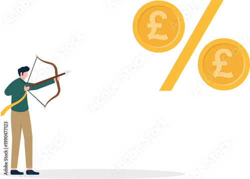 Businessman aiming arrow at giant Pound percentage sign