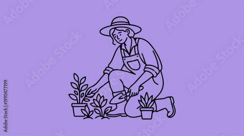 Gardener tending plants in pots, wearing hat and overalls, gardening scene.