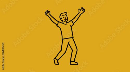 Joyful person with arms raised in celebration against yellow background.