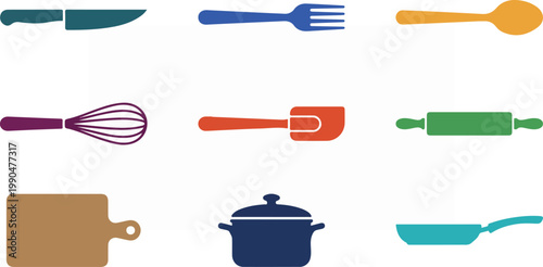 Kitchen Utensils and Cookware Silhouettes on White Background.