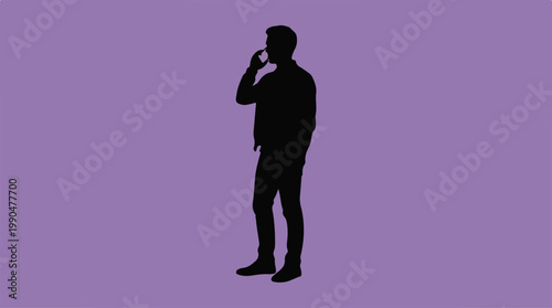 Silhouette of a man drinking, standing, and contemplating on purple background.