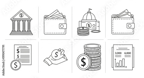 Financial Icons Representing Money and Banking Services.