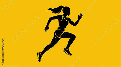 Silhouette of a woman running, representing fitness and athleticism on a yellow background.