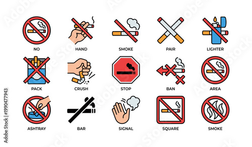 No smoking icons showing prohibition symbols and actions on white