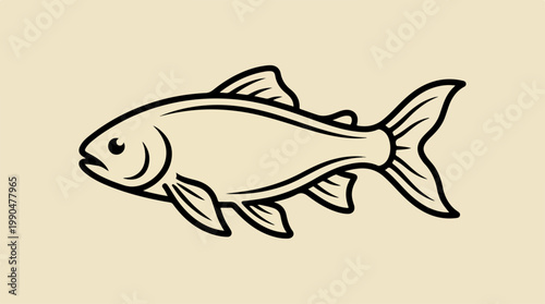 Simple black and white illustration of a fish swimming in the water.