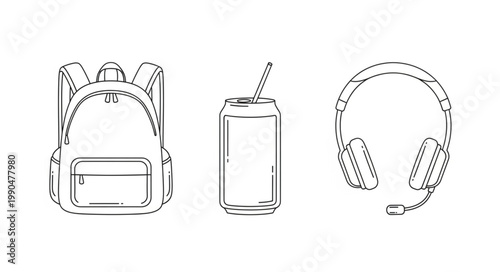 Backpack Drink Can and Headphones Line Art.