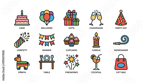 Party and celebration icons showing decorations and treats