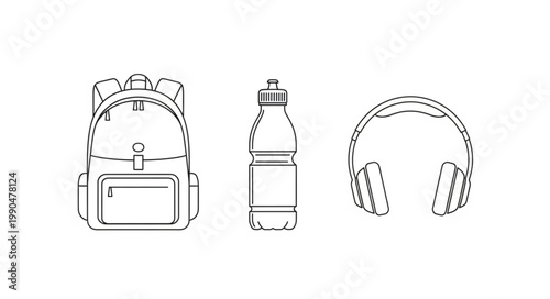 Backpack water bottle and headphones line art illustration.