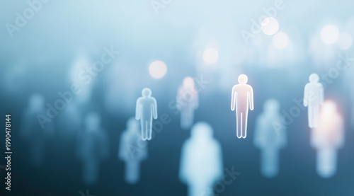  Glowing digital human silhouettes floating on abstract blue bokeh background.