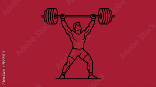 Weightlifter lifting heavy barbell overhead with determination and strength.