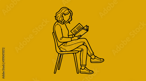 Woman engrossed in reading a book while seated on a chair.