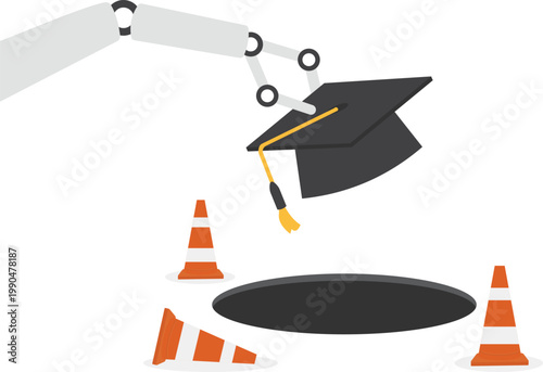 Robotic arm dropping graduation cap into a dangerous hole