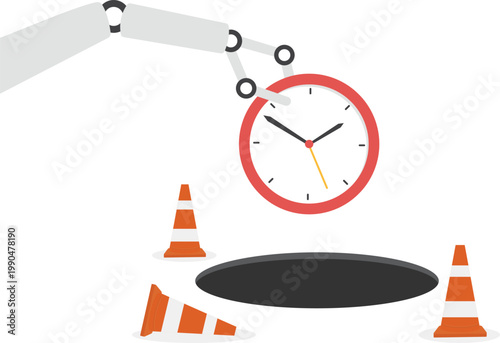 Robotic arm dropping alarm clock into a dangerous hole