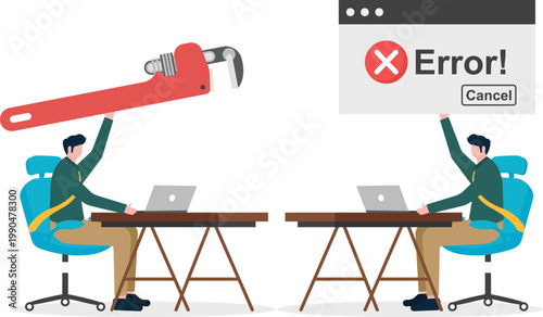 Businessmen fixing error message window with a wrench