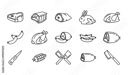 Meat factory product icons set vector thin line beef pork chicken rabbit sausage ham processing pictograms isolated white background