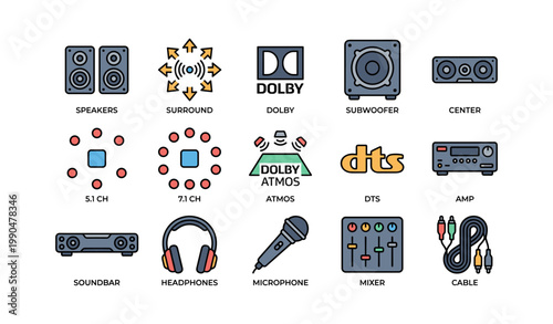 Speakers and home theater icons arranged in grid on white