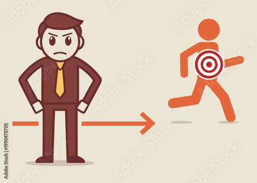 An angry cartoon man in a brown suit stands with hands on hips beside a red arrow pointing toward a running orange figure with a target symbol.