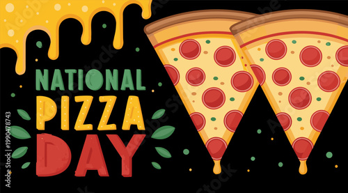 National Pizza Day celebration banner with cheese and pepperoni pizzas on a black background