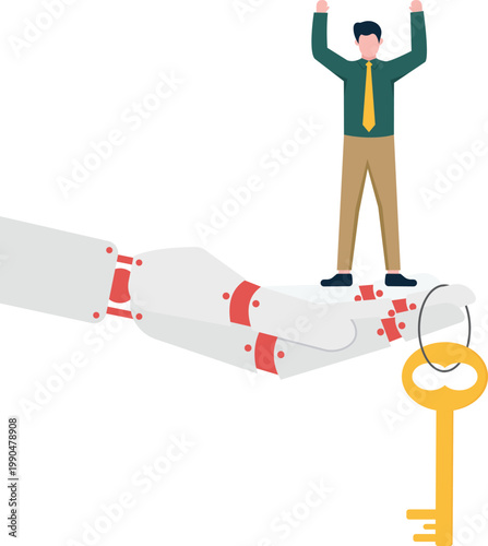 Robotic hand holding a person and a golden key
