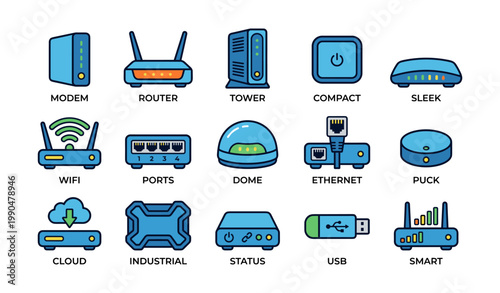 Network hardware icons arranged in grid on white background