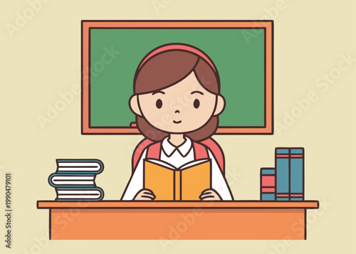 A schoolgirl with a red headband sits at a classroom desk reading an open book with stacks of colorful textbooks on either side of the desktop.