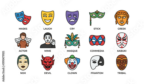 Theater and mask icons arranged on white background