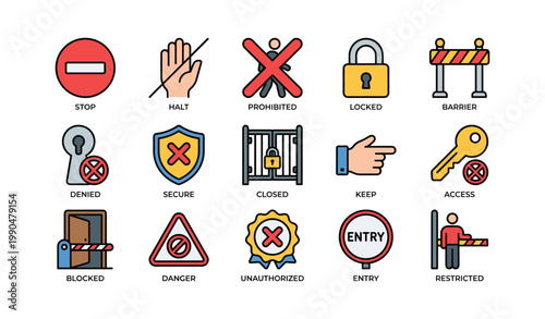 Prohibition and security icons arranged in grid on white