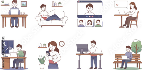 Diverse scenes of modern work and study environments at home Vector