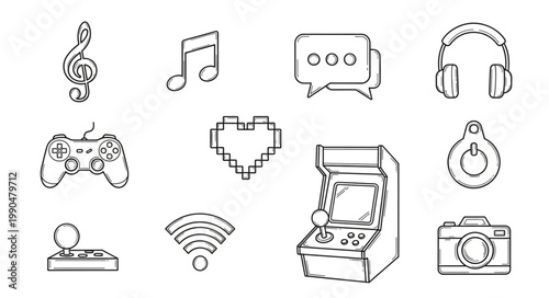 Collection of hand-drawn icons representing entertainment and technology.