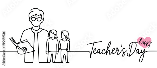 Teacher's day illustration a line art depiction of educator with students and heart