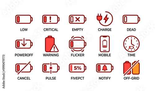 Low battery and power status icons showing alerts and notifications