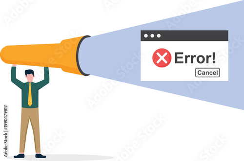 Businessman holding flashlight to find error message