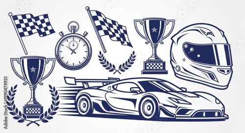 Racing Car Helmet Trophy Stopwatch and Flags Collection.