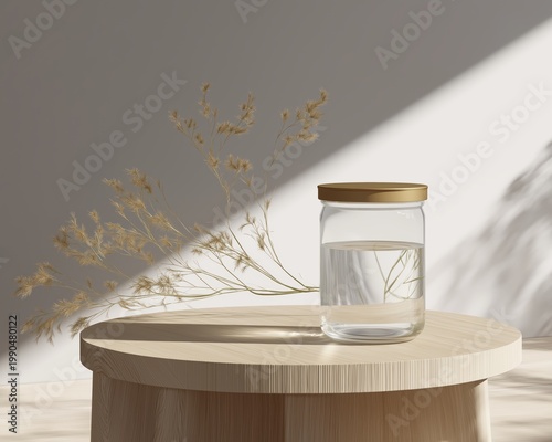 Simple water jar sits on a wooden table under soft light in a minimal setting