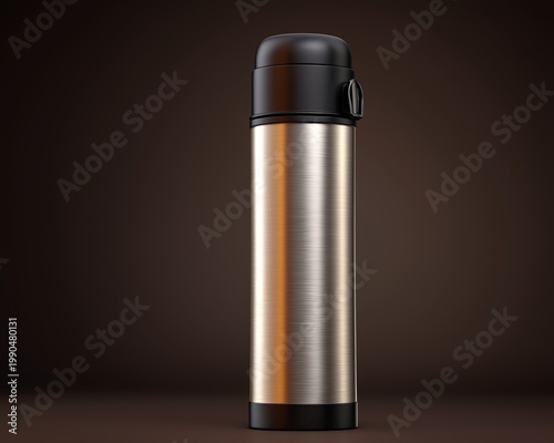 Sleek stainless steel thermos standing on a dark surface with a polished finish for everyday use and outdoor activities