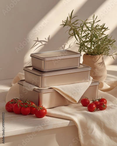 Stainless steel lunch boxes and beeswax wrap on a kitchen surface with fresh tomatoes and a plant arrangement in sunlight