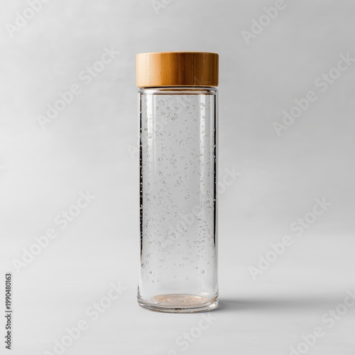 Clear glass water bottle with bamboo lid on clean white background for eco-friendly lifestyle