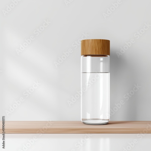 Clear glass water bottle with wooden lid placed on a light wooden shelf in a bright and clean setting