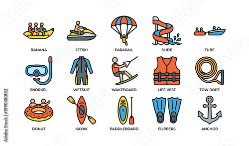 Water sports equipment and activity icons on white background