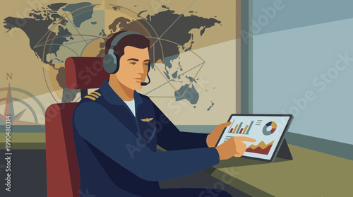 Aviation Pilot Analyzing Global Logistics Data on Tablet Illustration