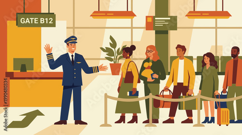 Pilot Greeting Passengers at Airport Departure Gate Illustration
