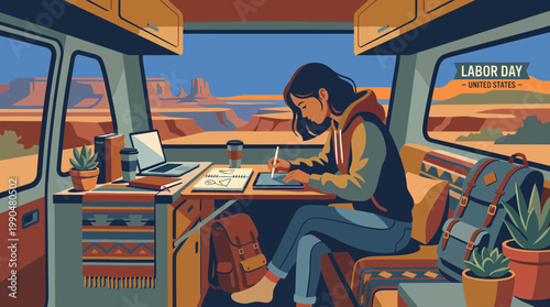 Digital Nomad Woman Working in Camper Van with Scenic Desert View