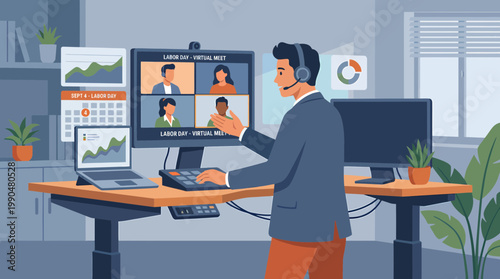 Businessman holding a virtual meeting on Labor Day at standing desk