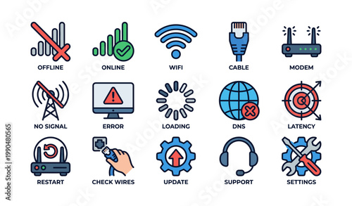 Network icons showing statuses in a grid on white background
