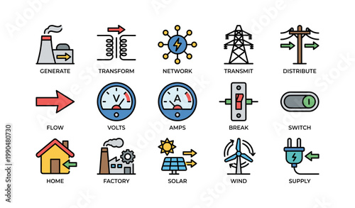 Power generation and distribution icons showing energy concepts