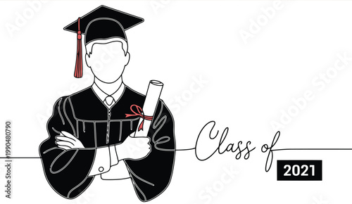 Graduation illustration a sketch of a 2021 graduate with diploma and cap