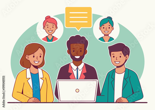 Three diverse professionals sitting at a desk with a white laptop while profile icons and a yellow speech bubble appear in the background.
