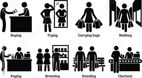 Illustrations of common activities in a retail shopping experience Vector